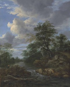 Paysage fluvial boisé avec une famille au repos sur un chemin - Jacob van Ruisdael